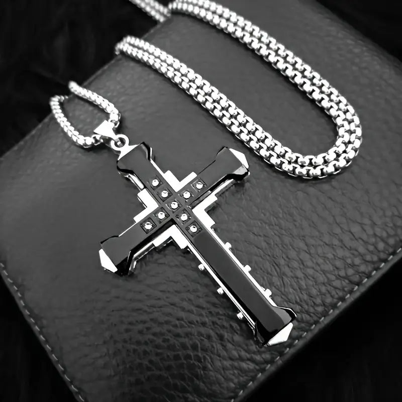 Load image into Gallery viewer, TMNK6 - Men&#39;s Steel Cross Necklace w/Zirconia Stones
