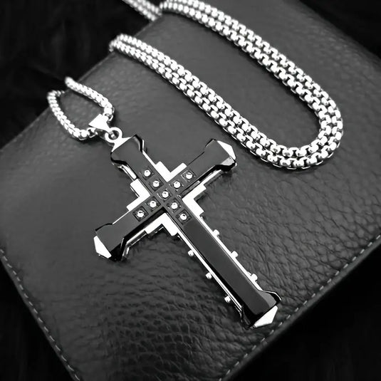 TMNK6 - Men's Steel Cross Necklace w/Zirconia Stones