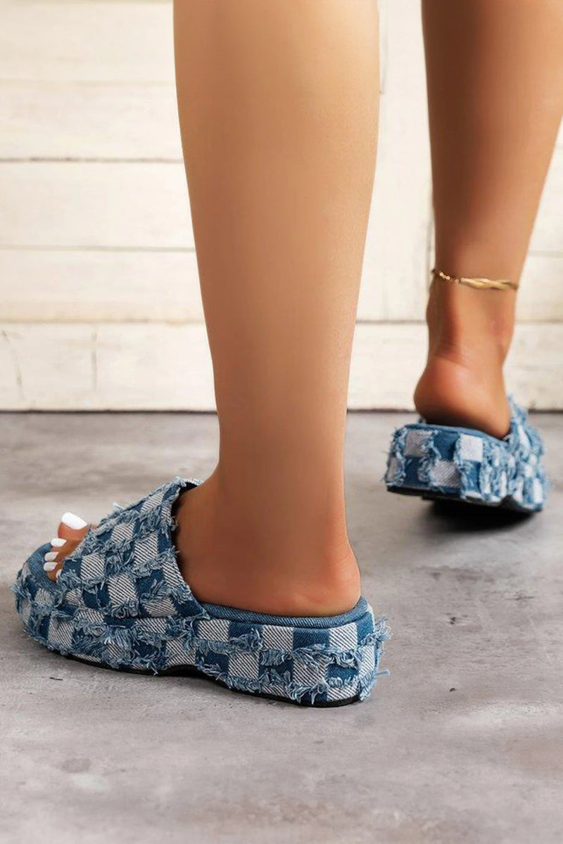 Load image into Gallery viewer, DLLSHOE 121 - Peacock Blue Frayed Checkered Pattern Low Platform Canvas Slippers

