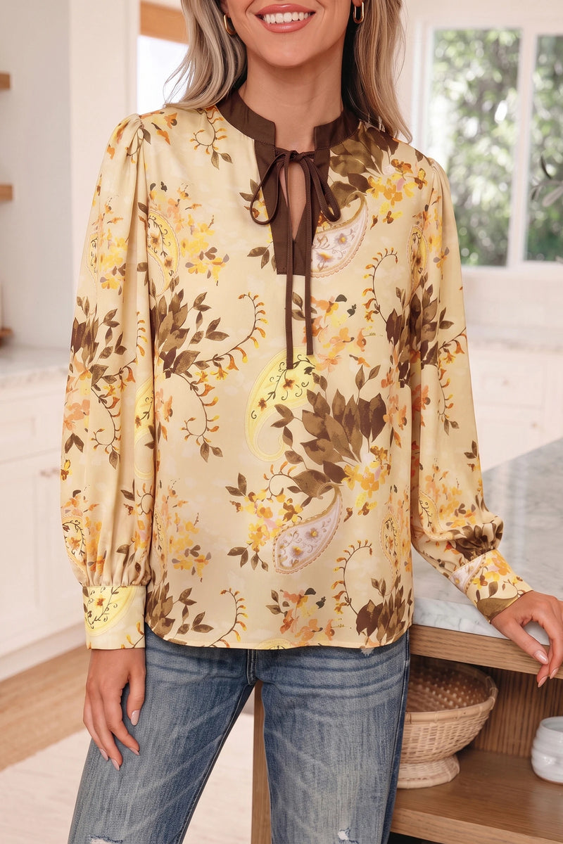 Load image into Gallery viewer, DLLS865 - Ladies Khaki Paisley Print Tie Neck Long Sleeve Blouse
