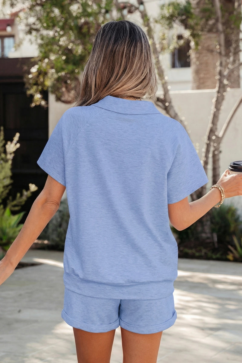 Load image into Gallery viewer, DLLS622 - Ladies Sky Blue Collared V Neck Tee Drawstring Elastic Waist Shorts 2pcs Outfit
