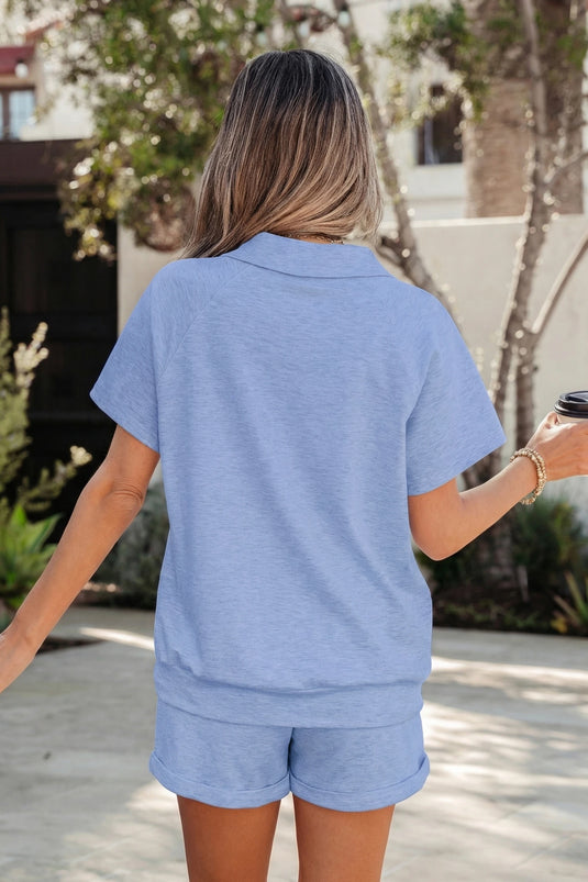 DLLS622 - Ladies Sky Blue Collared V Neck Tee Drawstring Elastic Waist Shorts 2pcs Outfit