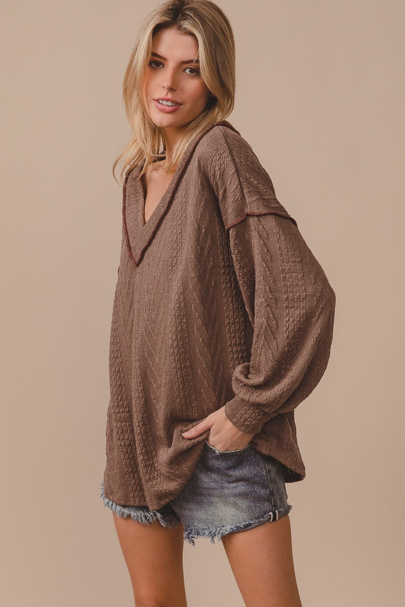 Load image into Gallery viewer, BIBI17- Ladies Corded Sweater With Out Stitching Detailed V Neck

