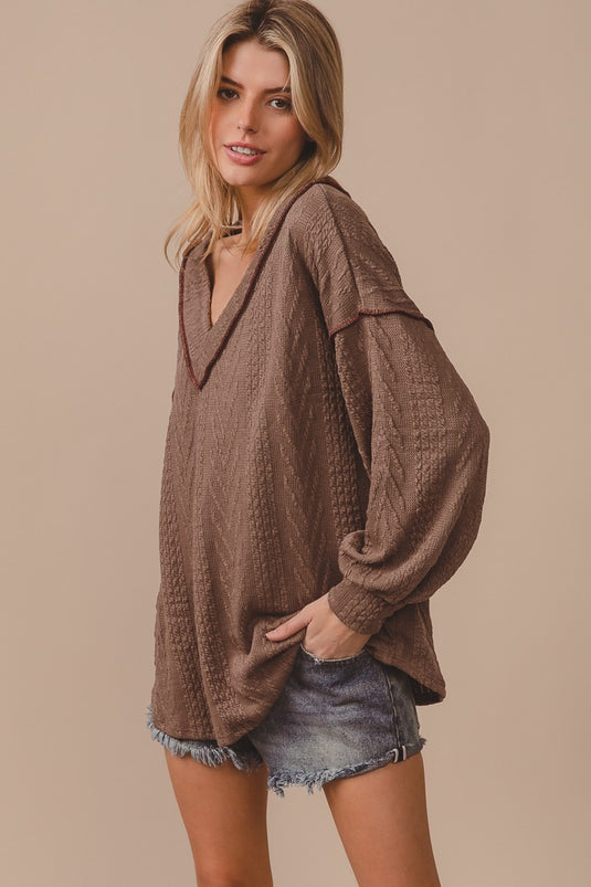 BIBI17- Ladies Corded Sweater With Out Stitching Detailed V Neck