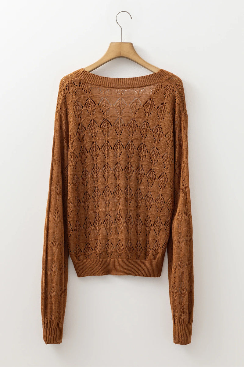 Load image into Gallery viewer, DLLS133 - Ladies Brown Lightweight Buttoned Front Crochet Cardigan
