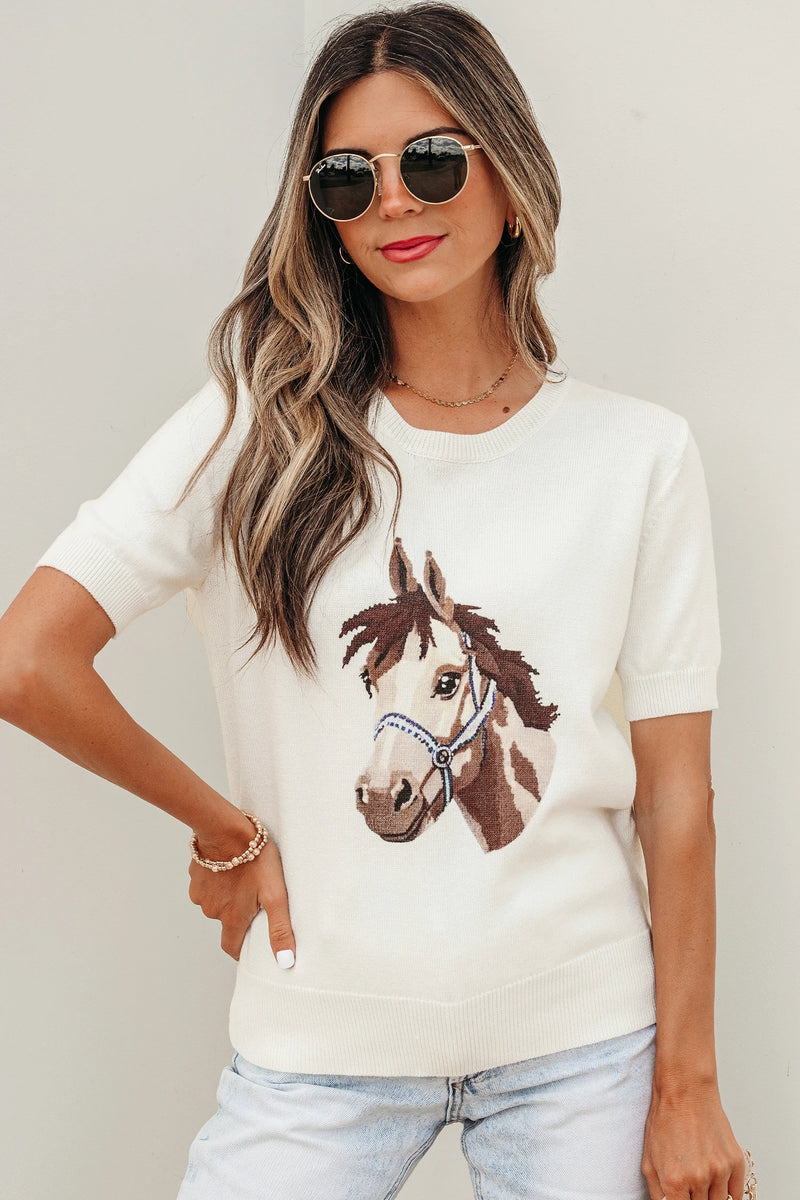 Load image into Gallery viewer, DLLS935 - Ladies White Wild West Horse Head Printed Short Sleeve Sweater
