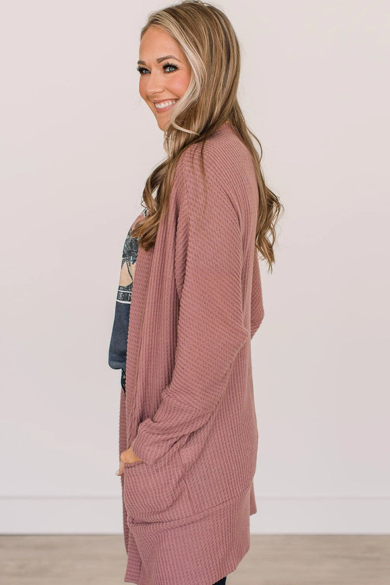 Load image into Gallery viewer, DLLS159 - Ladies Mineral Red Solid Color Waffle Knit Cardigan with Pocket
