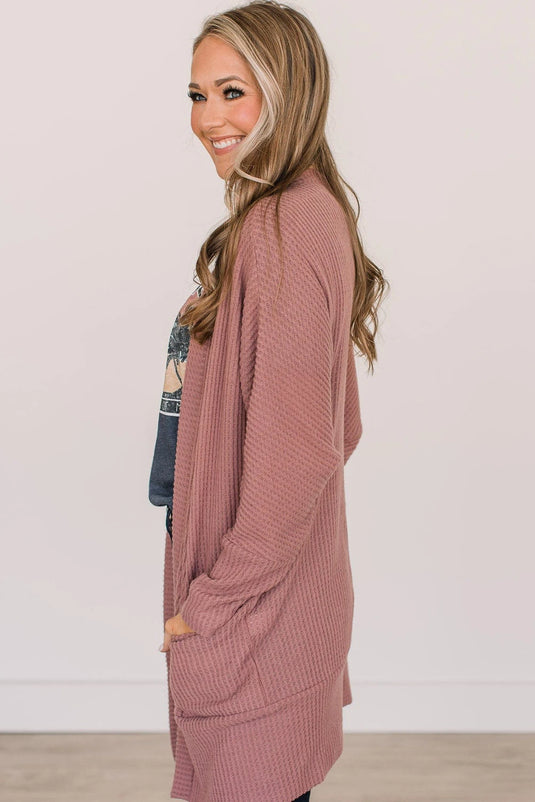 DLLS159 - Ladies Mineral Red Solid Color Waffle Knit Cardigan with Pocket