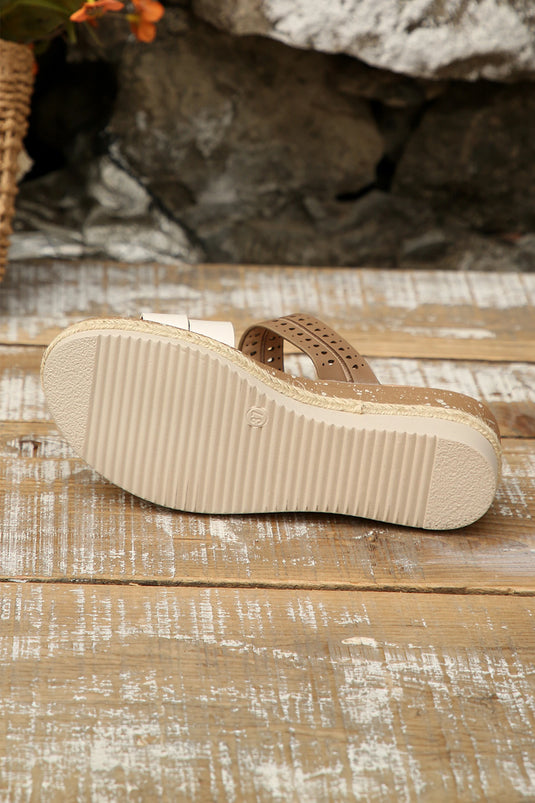 DLLSHOE 4 - Coffee Hollowed Detail Color Block Straps Platform Wedge Slippers