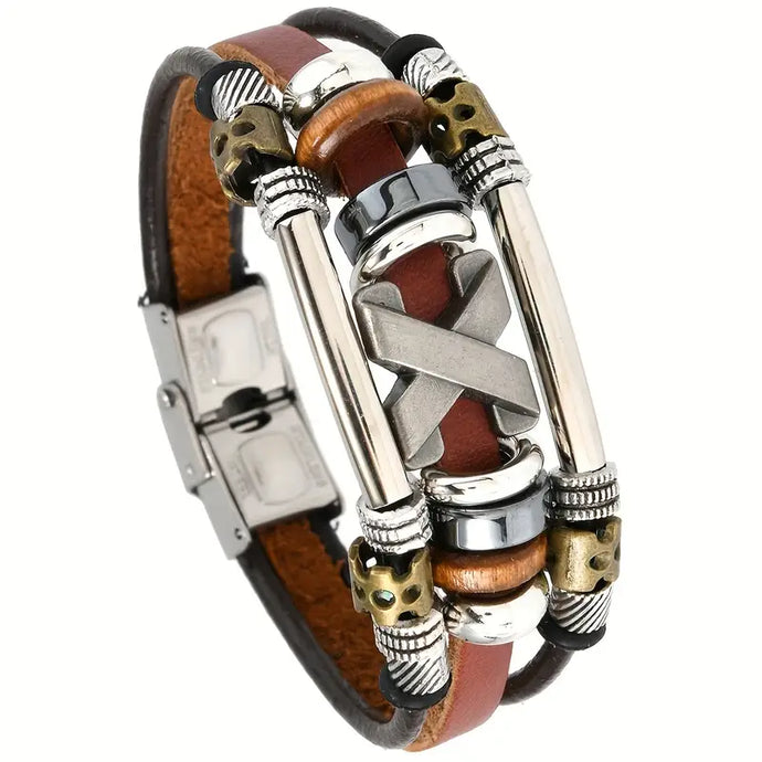 TMBC54 - Stainless Steel X Multi Layer Brown Leather Bracelet
