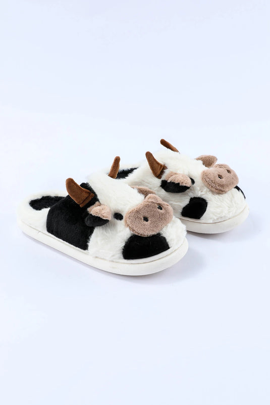 DLLSHOE 127 - White Cartoon Animal Cow Plush Slippers