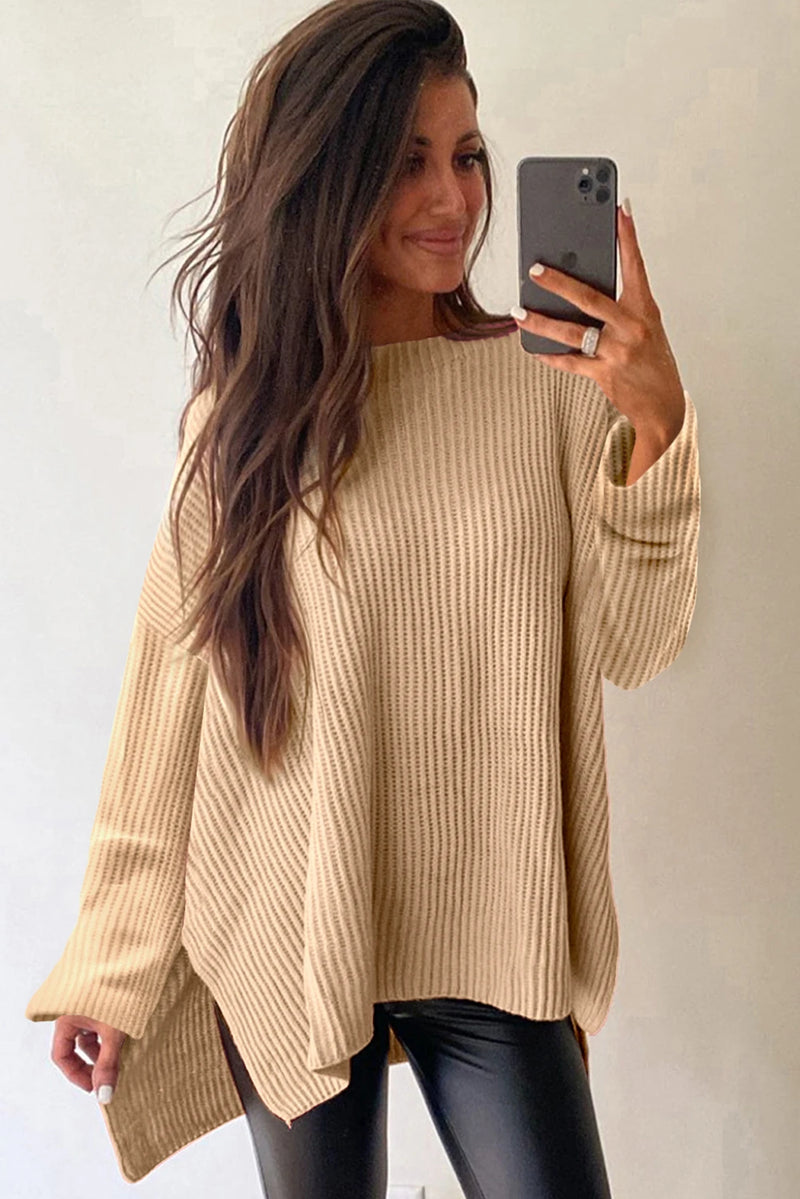 Load image into Gallery viewer, DLLS137 - Ladies Apricot Cable Knit Drop Shoulder Side Slits Loose Sweater
