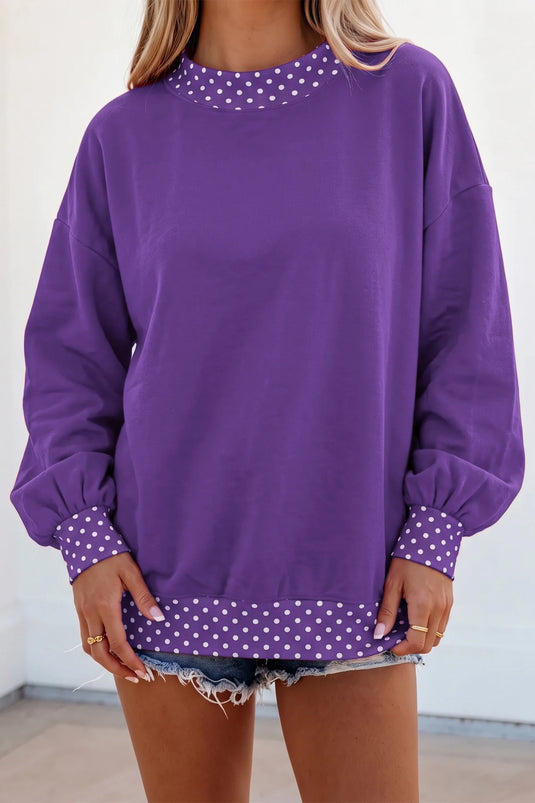 DLLS1094 - Ladies Tillandsia Purple Polka Dot Contrast Trim Oversized Sweatshirt