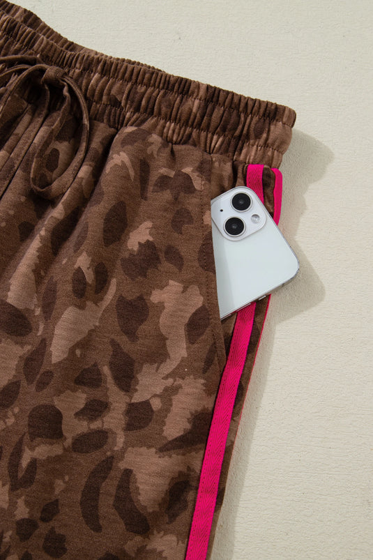 DLLS598 - Ladies Brown Contrast Striped Accent Leopard Short Set