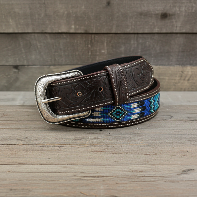 Load image into Gallery viewer, CP1008 - Cowboy Prayer Cowhide Leather Belt w/ Aztec Print Inlay
