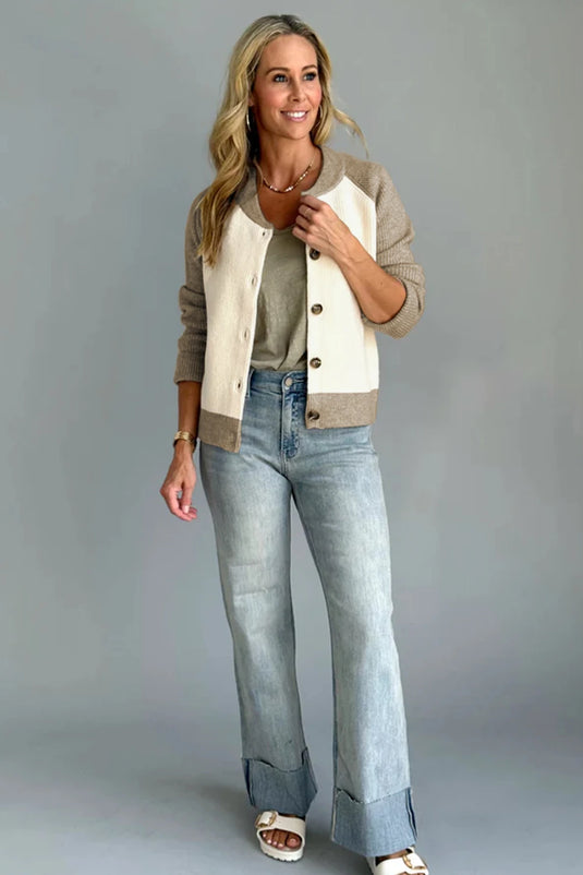 DLLS251 - Ladies White Color Block Ribbed Knit Button Down Sweater Cardigan