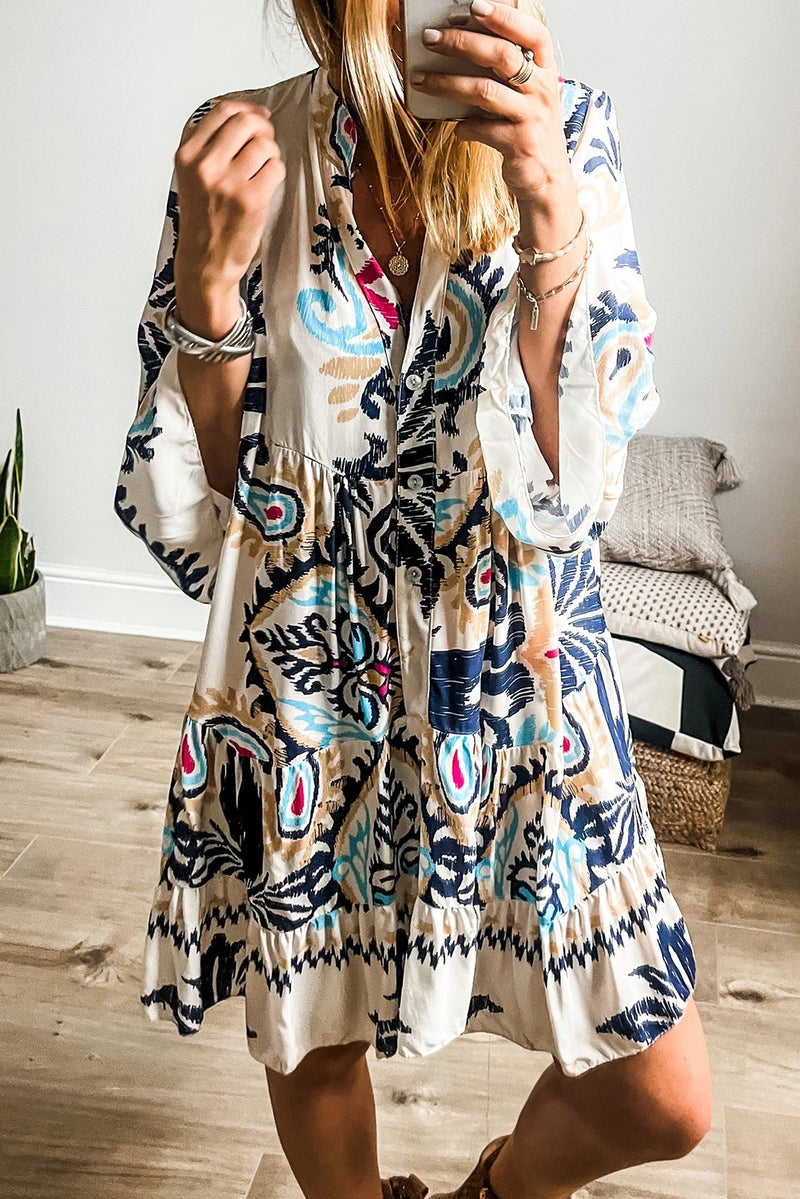 Load image into Gallery viewer, DLLS447 - Ladies White Printed Tribal Bracelet Sleeve Buttoned Mini Dress
