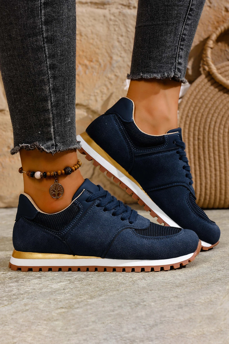 Load image into Gallery viewer, DLLSHOE 54 - Navy Blue Faux Suede Mixed Patchwork Retro Jogger Sneakers
