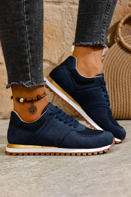 DLLSHOE 54 - Navy Blue Faux Suede Mixed Patchwork Retro Jogger Sneakers