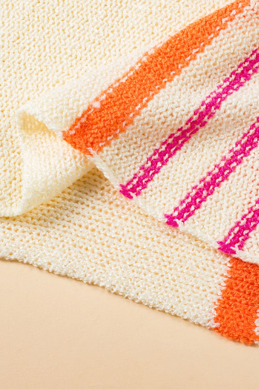 DLLS546 - Ladies White Striped Detail Wide Sleeve Lightweight Knitted Sweater