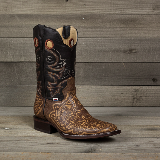 1238 - RockinLeather Men's Antique Brown Stamped Cowhide Leather Boot