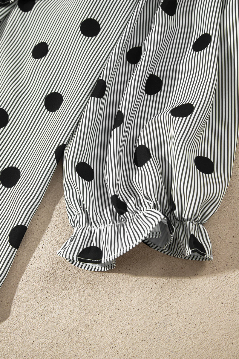 Load image into Gallery viewer, DLLS1138 - Ladies Black White Polka Dot Striped Print Ruffle 3/4 Sleeve Shift Shirt
