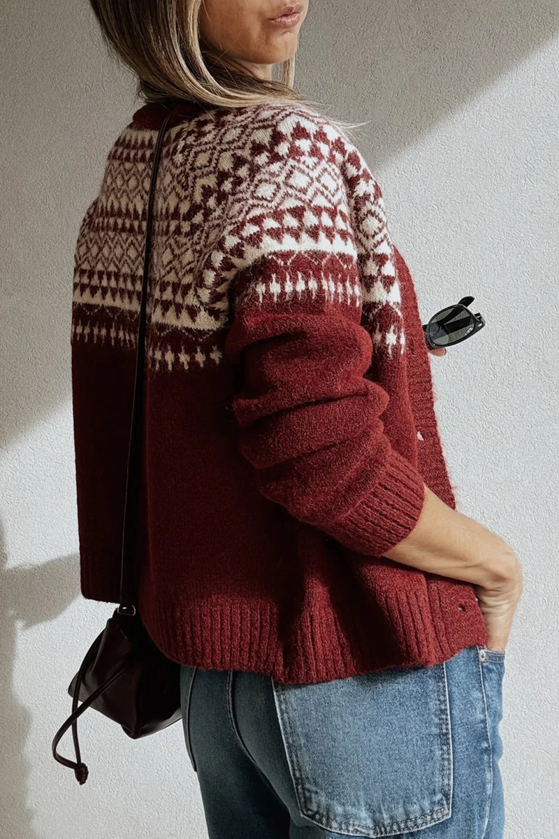 Load image into Gallery viewer, DLLS718 - Ladies Red Geometric Print Button Front Long Sleeve Knitwear Cardigan
