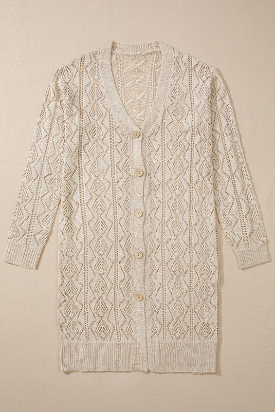 DLLS132 - Ladies Parchment Hollow Out Buttons Front Long Cardigan