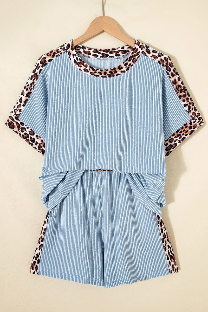Load image into Gallery viewer, DLLS712 - Ladies Sky Blue Leopard Trim Twist Ribbed Short Set
