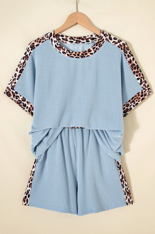DLLS712 - Ladies Sky Blue Leopard Trim Twist Ribbed Short Set
