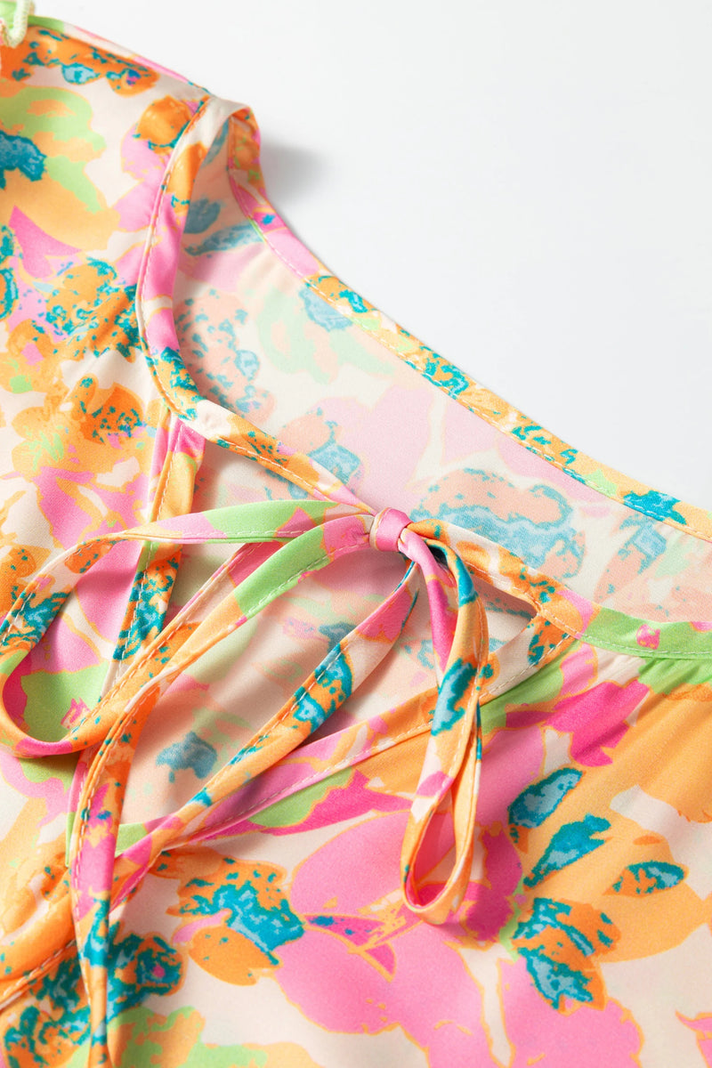 Load image into Gallery viewer, DLLS365 - Ladies Orange Split V Neck Short Sleeve Flower Blouse
