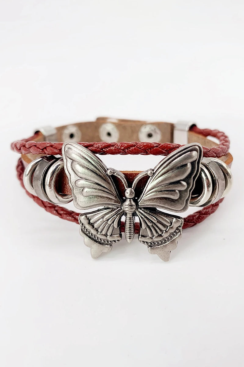 Load image into Gallery viewer, DLLBC 10 - Mineral Red Retro Butterfly Decor Exotic Faux Leather Braided Snap Button Bracelet
