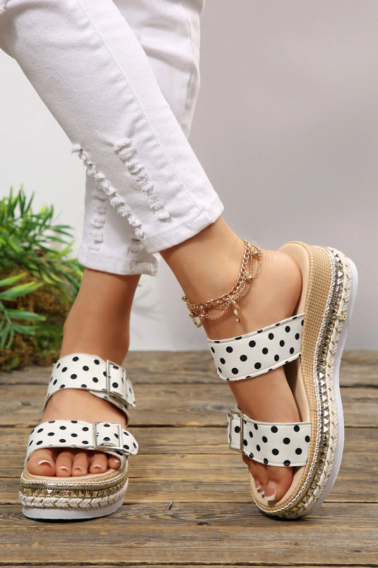 DLLSHOE 163 - White Polka Dot Pattern Double Buckle Straps Hollow Out Platform Slippers