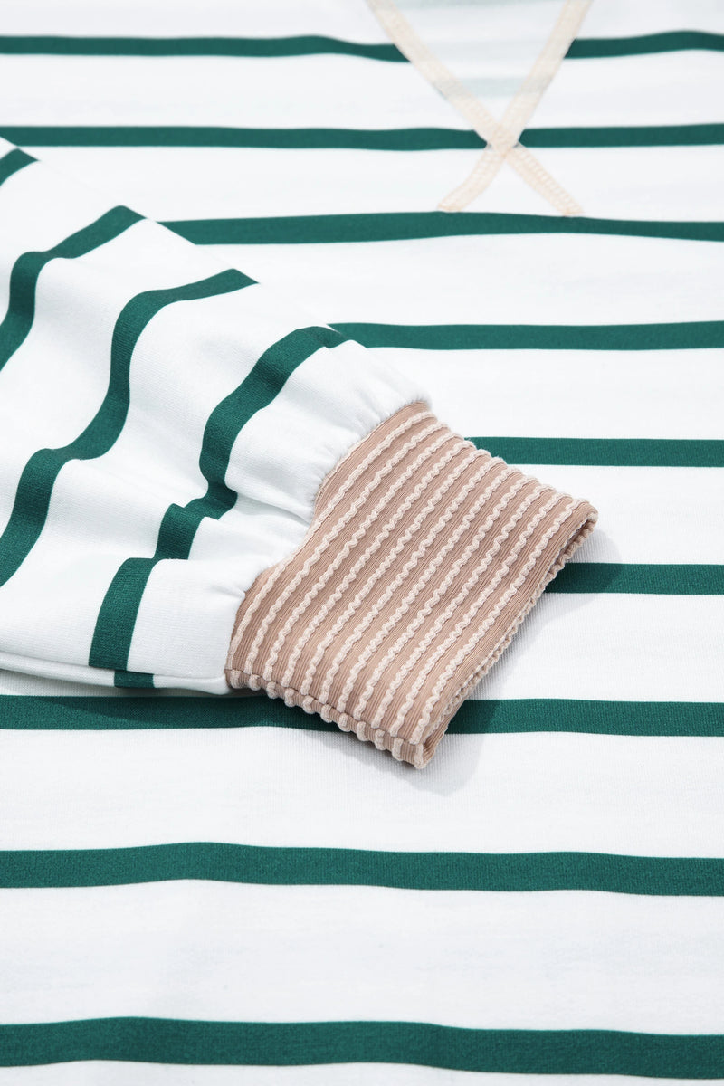 Load image into Gallery viewer, DLLS405 - Ladies White Stripe Twisted Ribbed Patchwork Drop Shoulder Round Neck Sweatshirt
