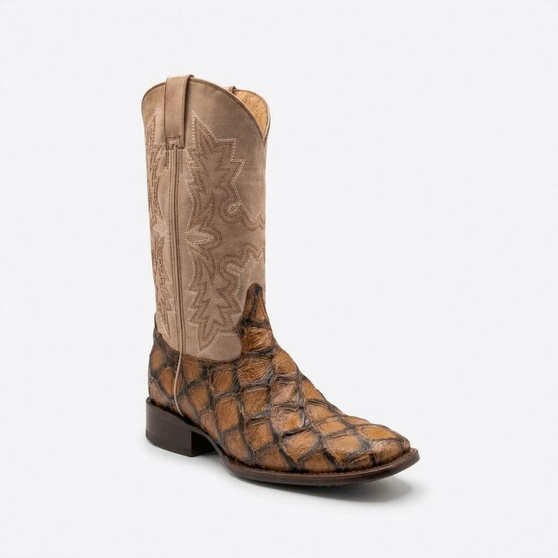 Load image into Gallery viewer, CP5015 - Cowboy Prayer Hand Crafted Golden Brown Pirarucu Print Cowboy Boots

