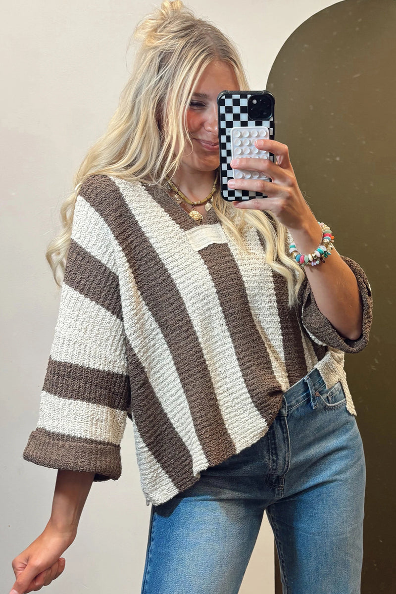 Load image into Gallery viewer, DLLS410 - Ladies Brown Stripe Colorblock V Neck Bracelet Sleeve Sweater
