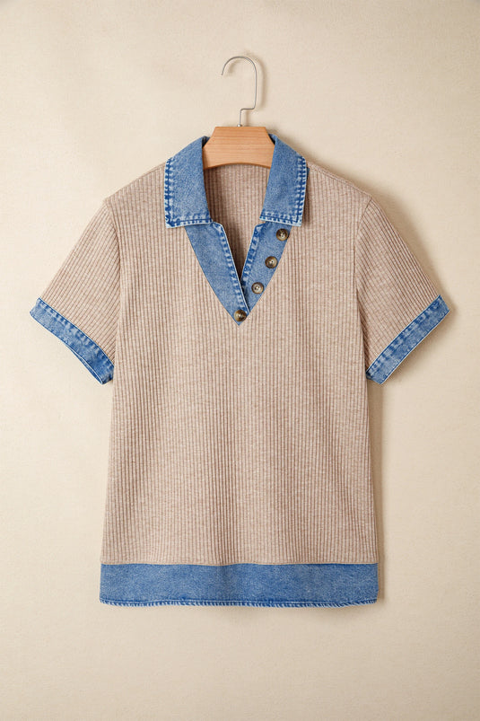 DLLS742 - Ladies Beige Ribbed Knit Denim Color Patchwork Button Detail Collared Blouse