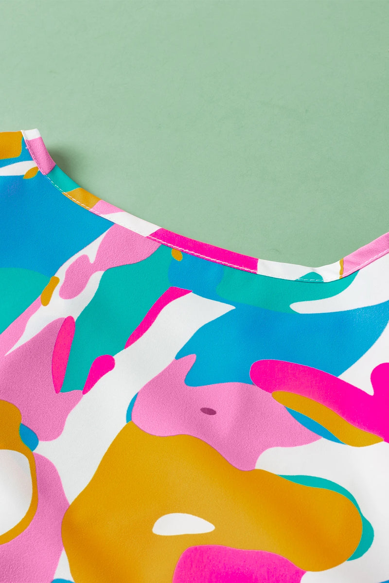Load image into Gallery viewer, DLLS568 - Ladies Multicolor Abstract Print Notched Neck Flutter Sleeve Blouse
