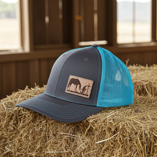 CP104 - Cowboy Prayer Leather Patch Charcoal/Neon Blue Cap