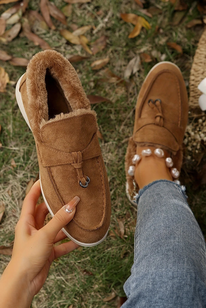 Load image into Gallery viewer, DLLSHOE 203 - Chestnut Suede Furry Lined Slip on Flat Shoes
