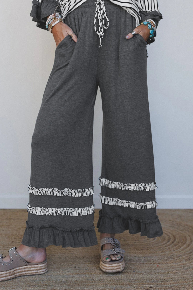 Load image into Gallery viewer, DLLS896 - Ladies Gray Stripe V Neck Ruffle Contrast Sleeve Drawstring Pants 2pcs Set
