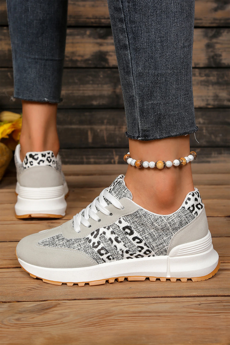 Load image into Gallery viewer, DLLSHOE 75 - White Mix Texture Patchwork Leopard Detail Lace Up Sneakers
