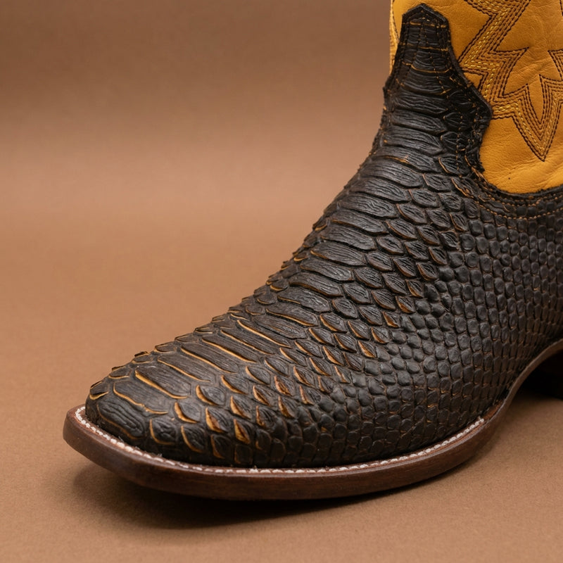 Load image into Gallery viewer, CP5007 - Cowboy Prayer Black Python Print w/Yellow Underlay Western Boot
