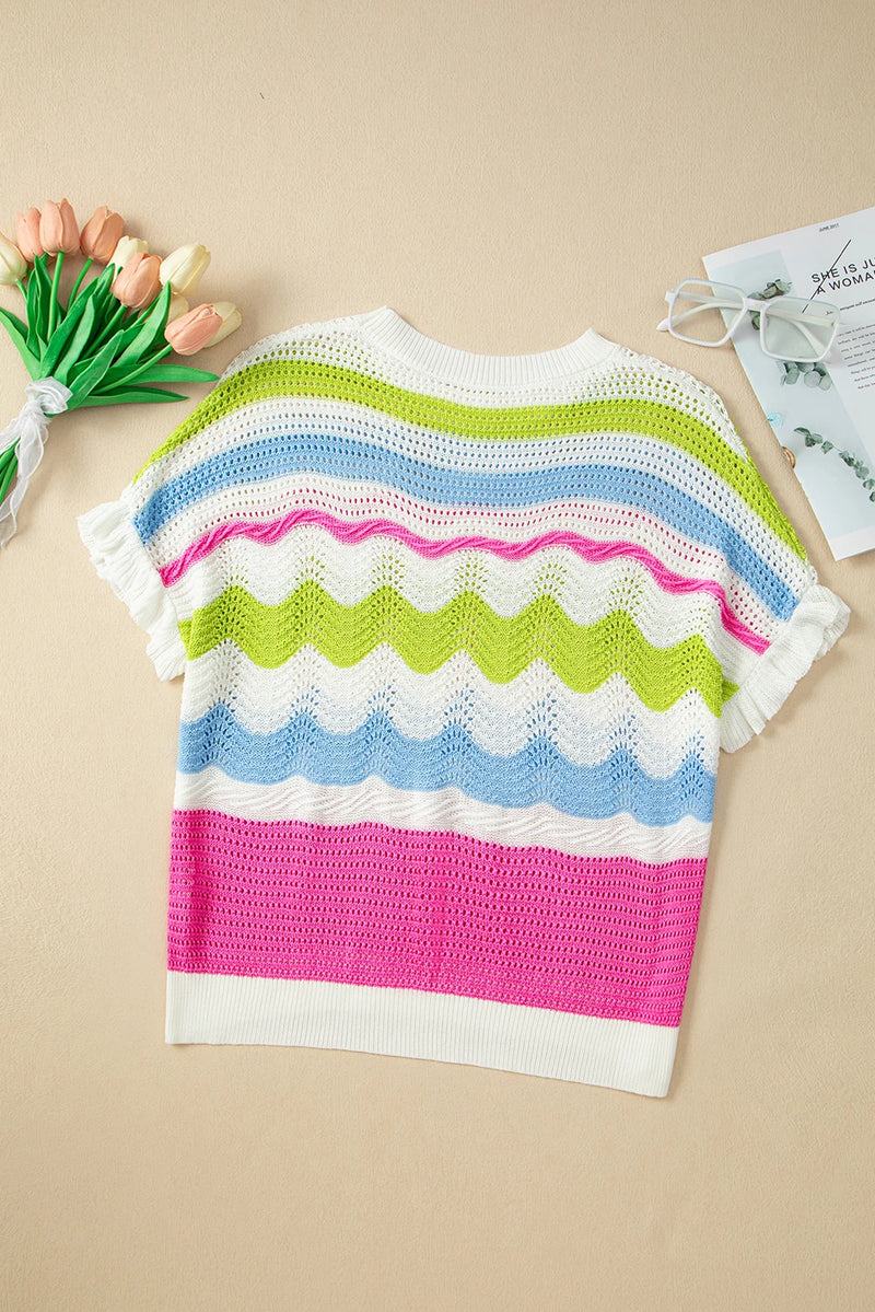 Load image into Gallery viewer, DLLS570 - Ladies White Color Block Crochet Knit Ruffled Short Sleeve Sweater Top
