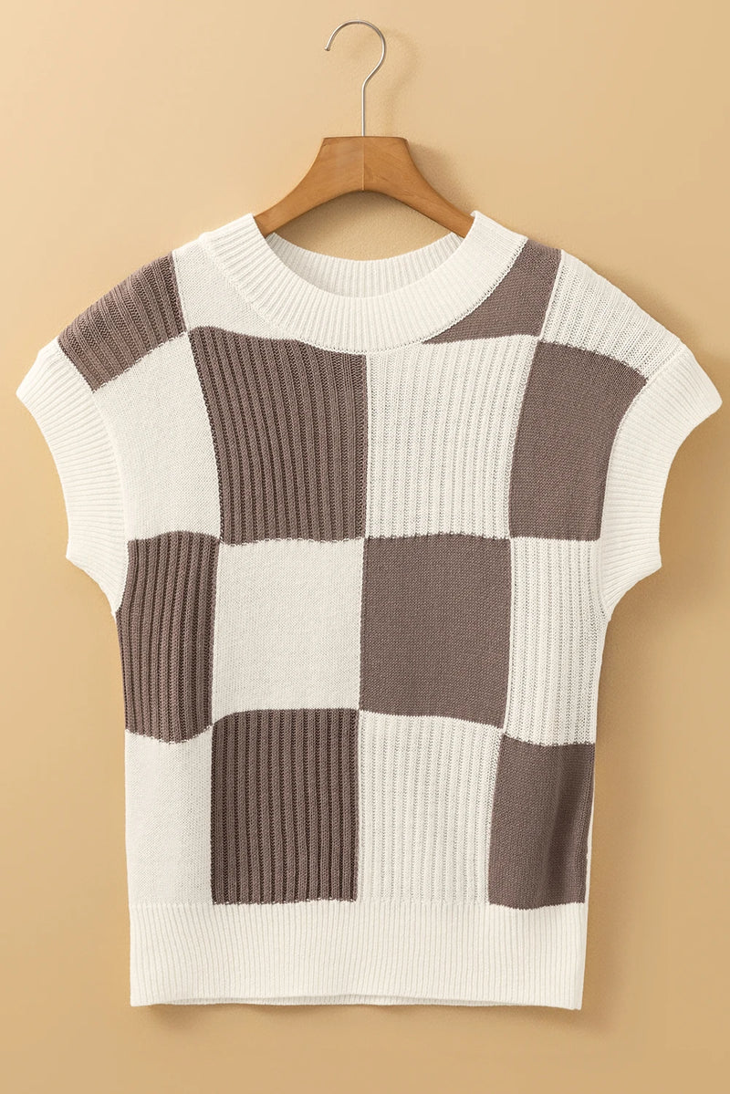 Load image into Gallery viewer, DLLS344 -  Ladies Khaki Checkered Color Block Crew Neck Short Sleeve Sweater
