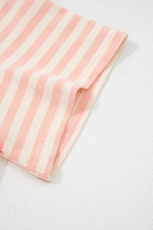 DLLS701 - Ladies Pink Stripe Contrast Neck Loose Tee and Drawstring Shorts Set