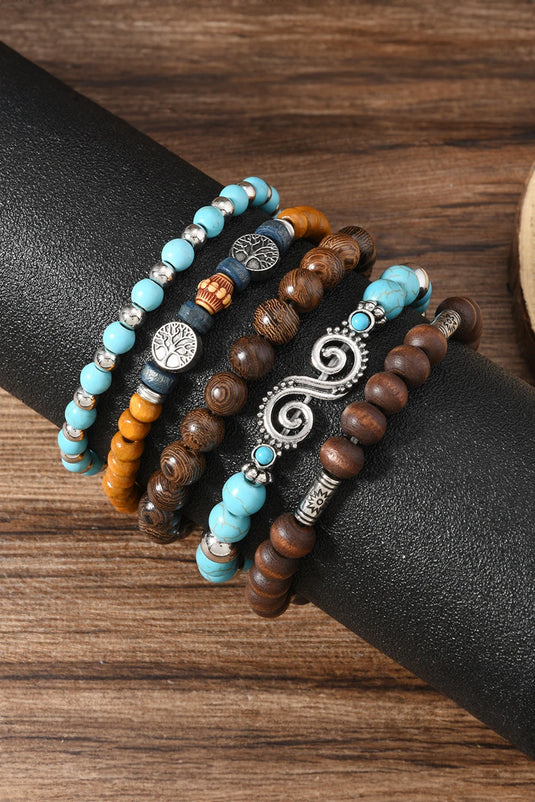 DLLBC 16 - Cinnamon Boho 5pcs Turquoise Wood Beaded Elastic Bracelet Set