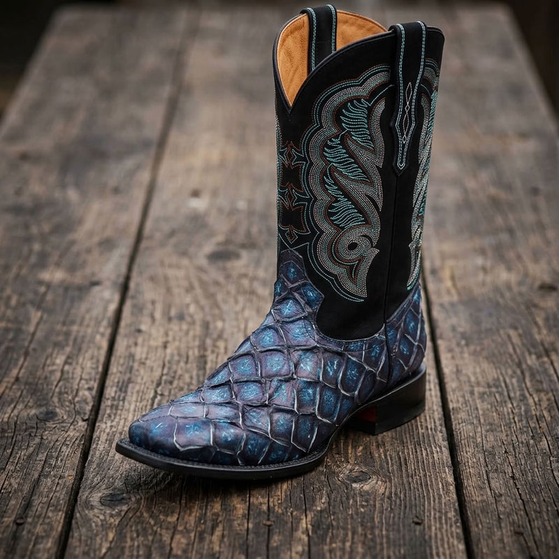 Load image into Gallery viewer, CP1707 - Cowboy Prayer Hand Crafted Blue Pirarucu Print Cowboy Boots

