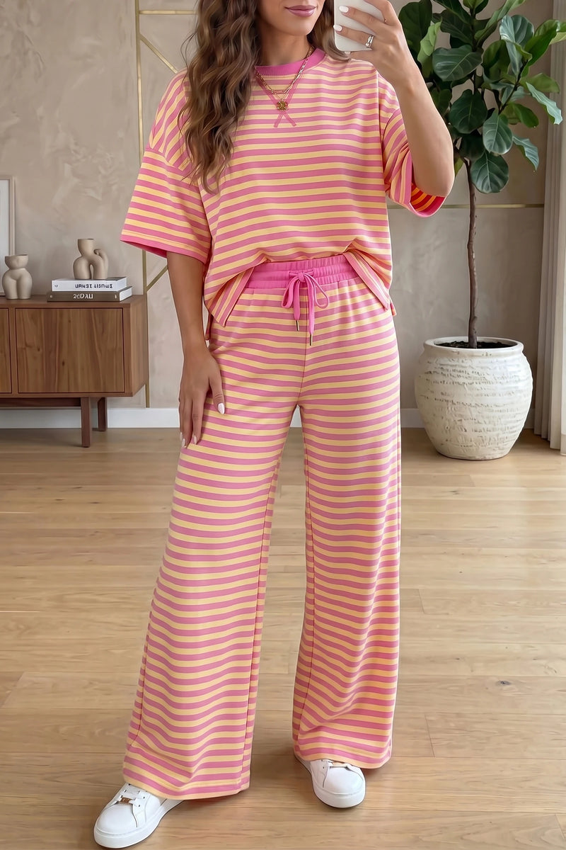 Load image into Gallery viewer, DLLS772 - Ladies Pink Stripe Crew Neck Loose Tee Drawstring Elastic Waist 2pcs Pant Set
