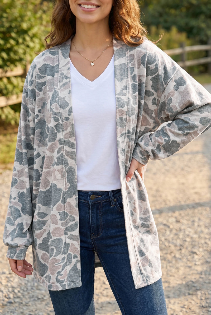 Load image into Gallery viewer, DLLS722 - Ladies Multicolour Camouflage Print Long Sleeve Open Front Tunic Cardigan
